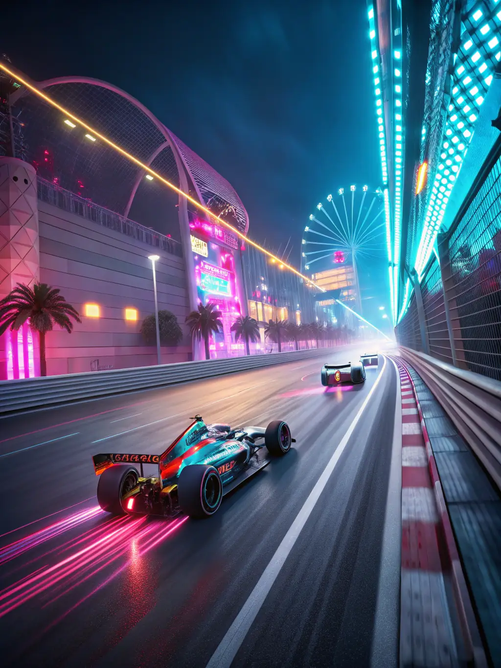 A dynamic action shot from 'Street Supremacy', showing two street racers speeding through neon-lit city streets at night, with vibrant car modifications and intense competition, used to represent the game on PG Electronic Games.