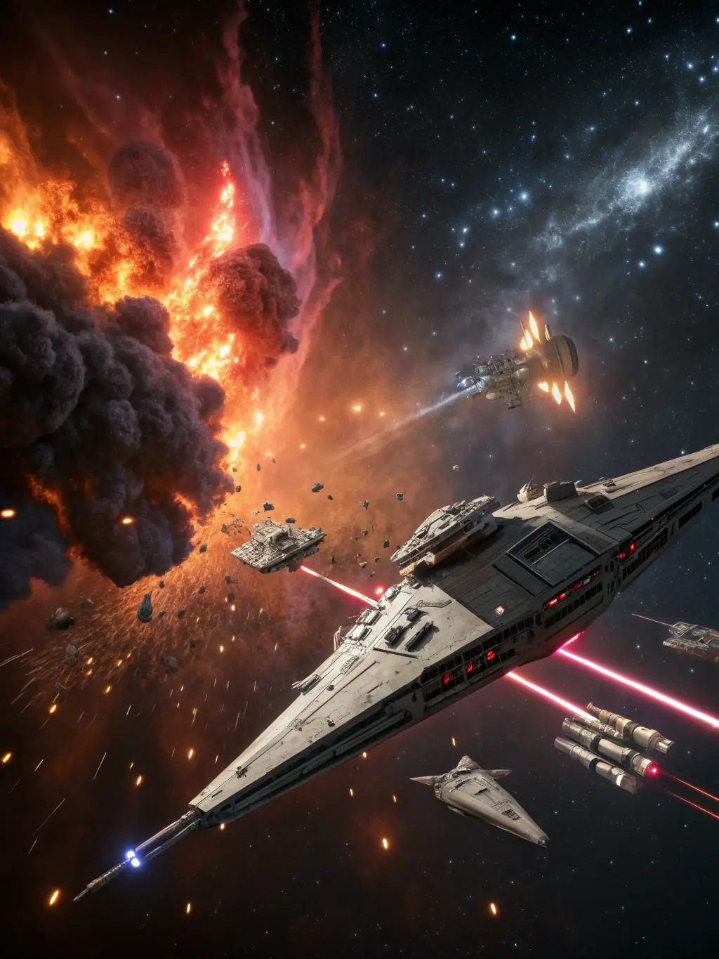 A vibrant screenshot from 'Galaxy Conquest', showcasing a fleet of spaceships engaged in a dynamic battle near a nebula, with energy weapons firing and explosions illuminating the scene, used to represent the game on PG Electronic Games.