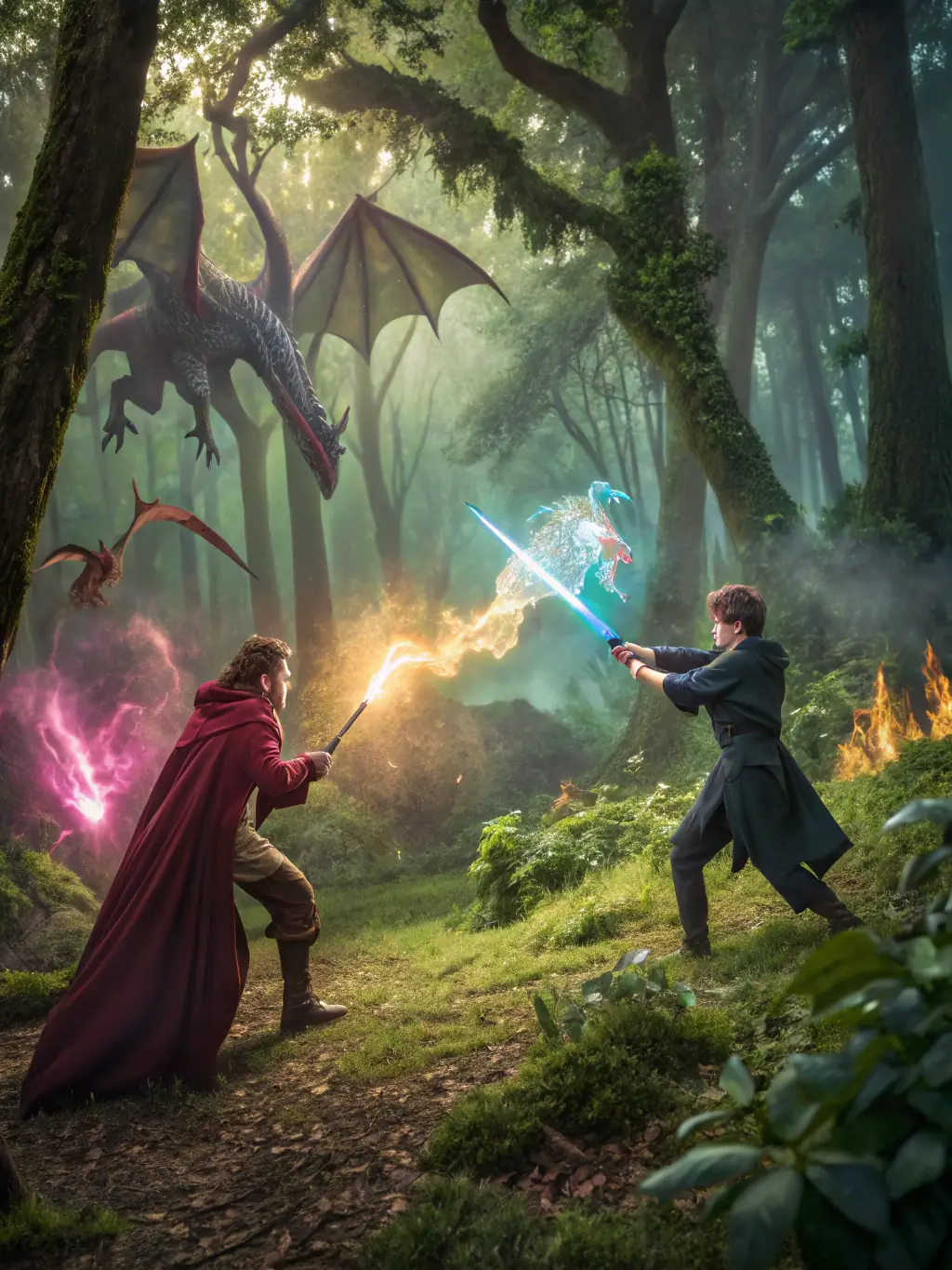 A high-resolution image from 'Mystic Realms', depicting a lush forest with ancient ruins, a mystical waterfall, and a group of adventurers preparing for a quest, used to represent the game on PG Electronic Games.